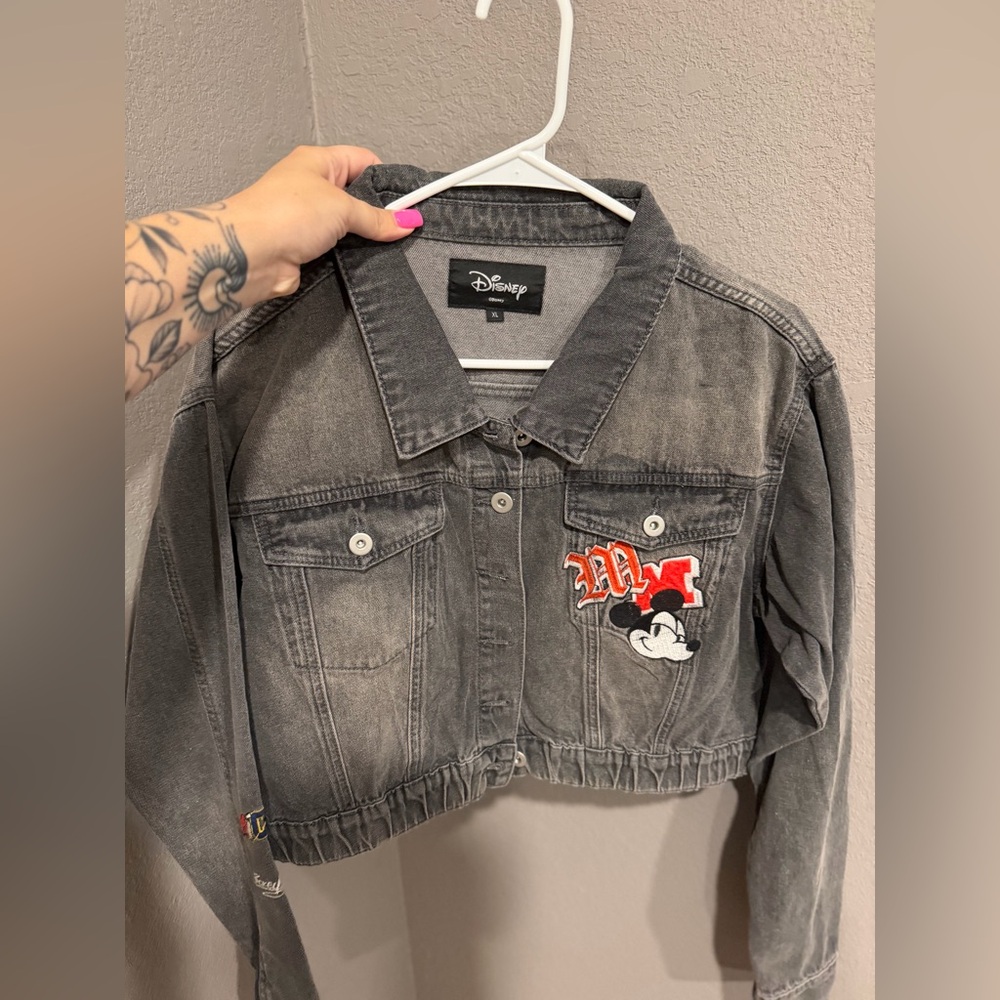Disney Gray Cropped Jean Jacket with Red & Black Mickey Patch